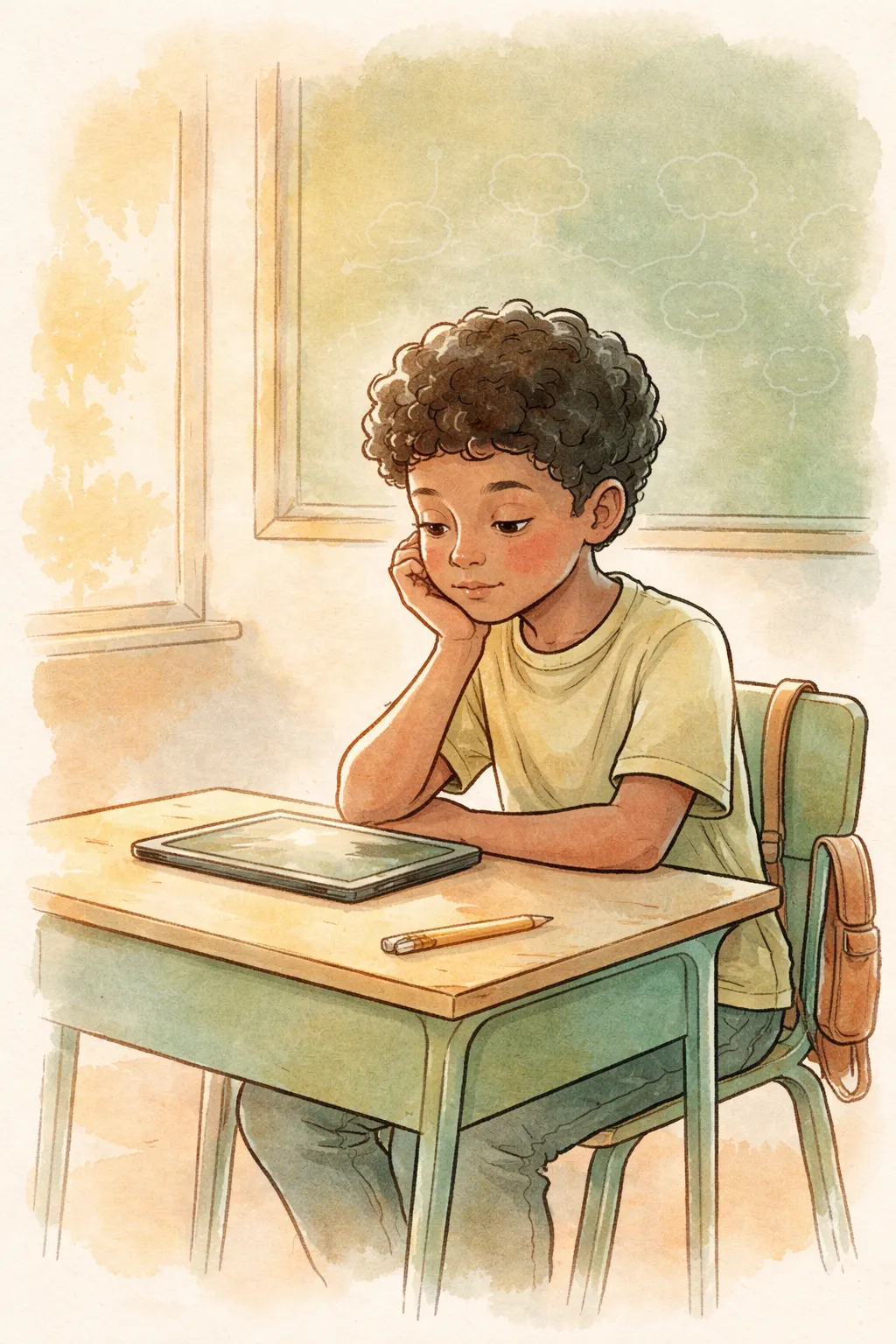 Student using a tablet for a daily emotional check-in in a classroom setting