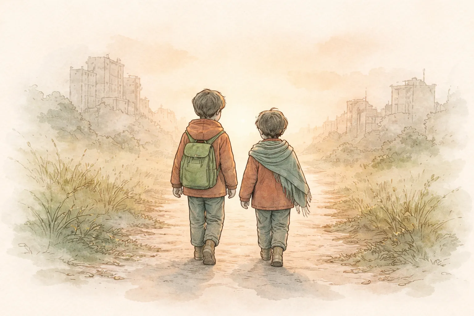 Two children walking side by side toward light on the horizon, leaving conflict behind