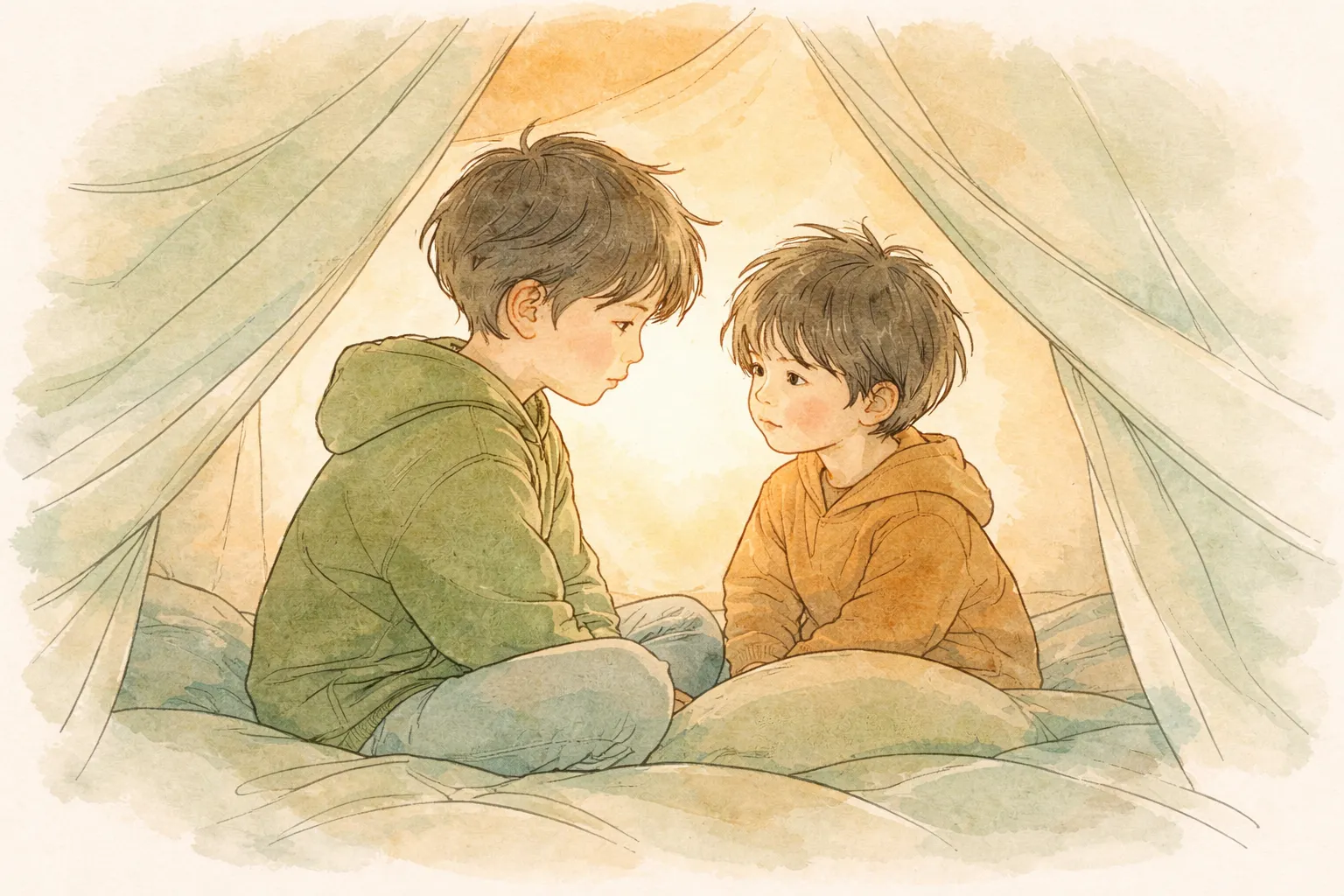 Two refugee children sharing a moment of connection inside a tent