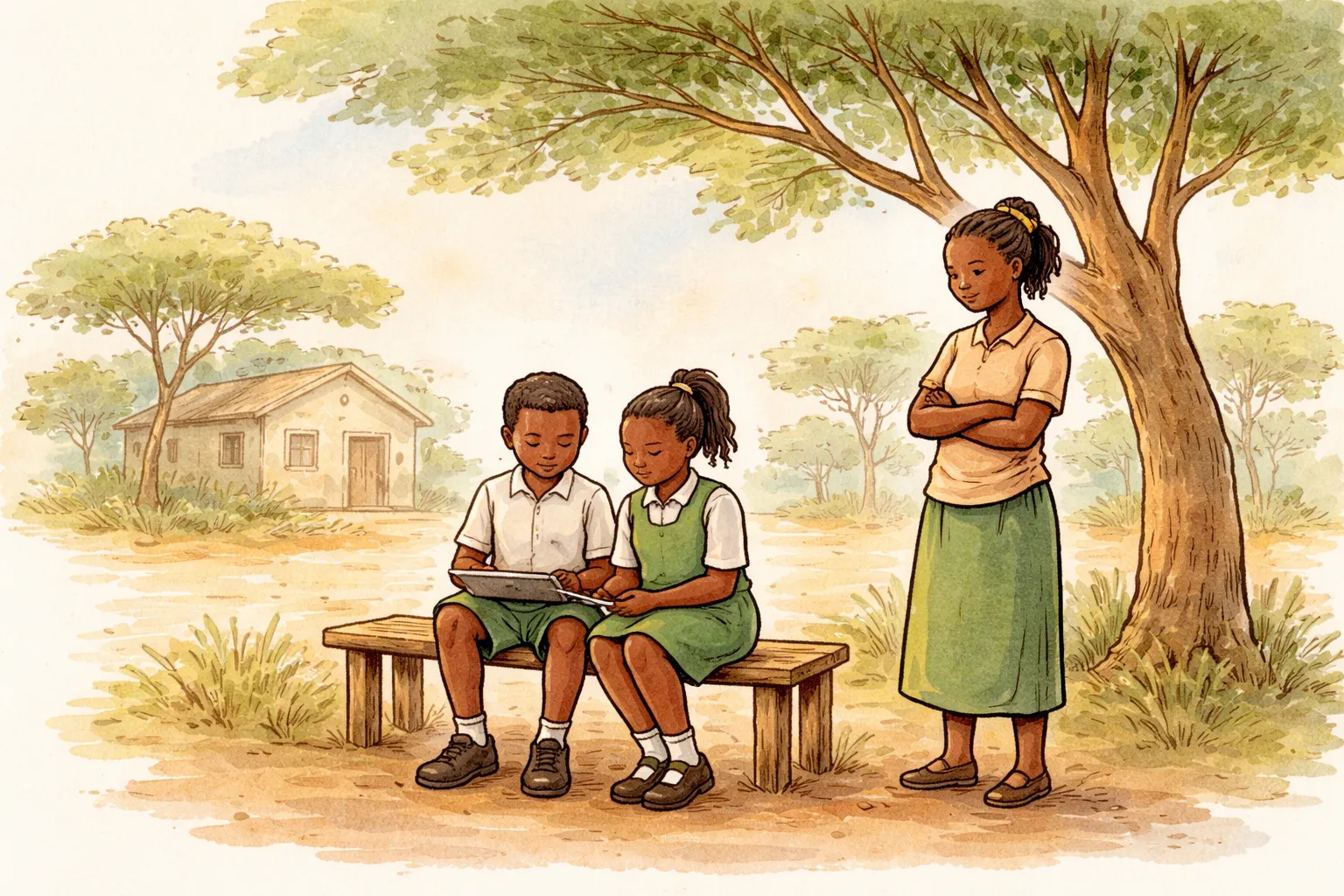 Community gathering under a tree in Nairobi with students and a community worker