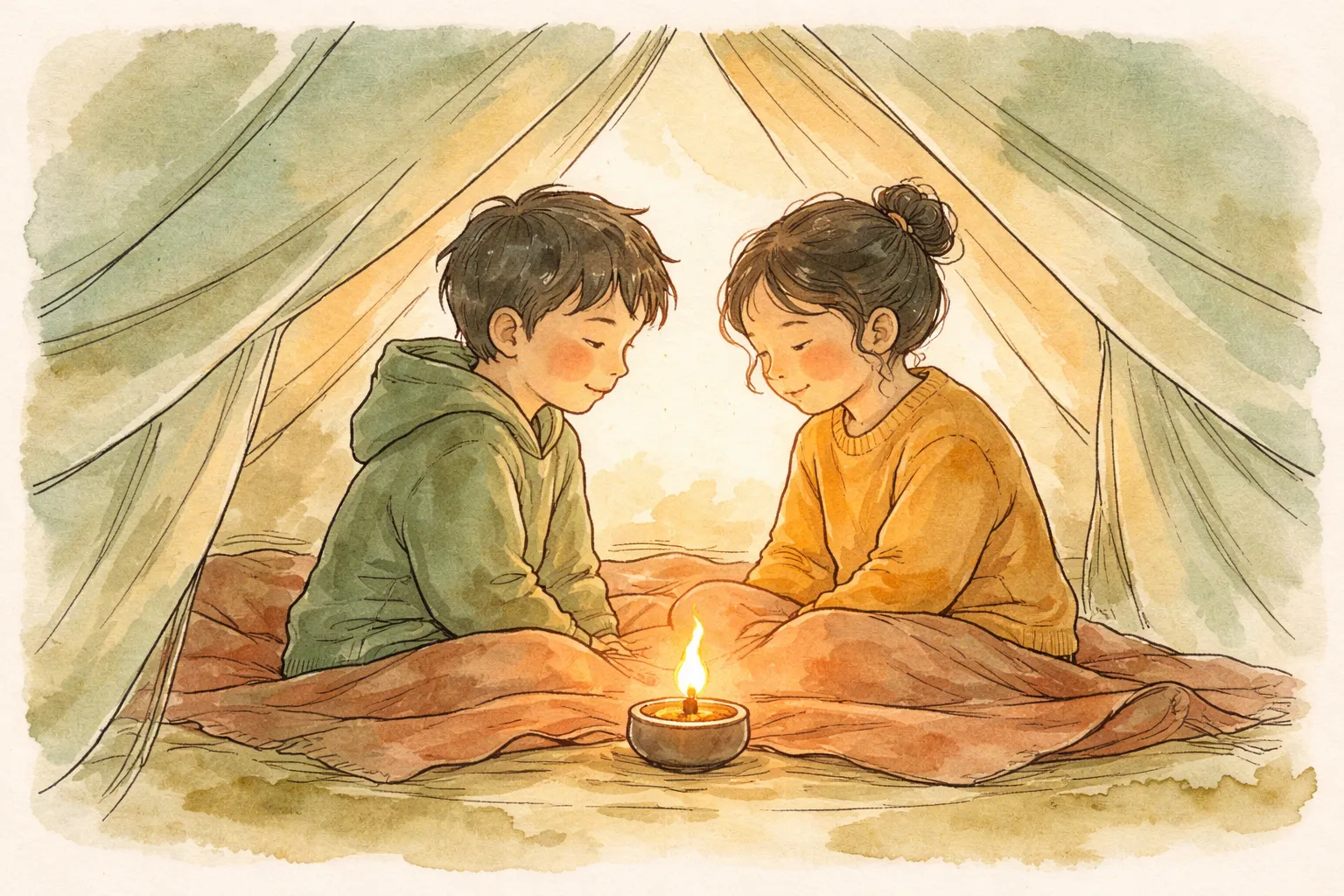 Interior of a tent with a folded blanket, small book, oil lamp, and shoes — a small safe space