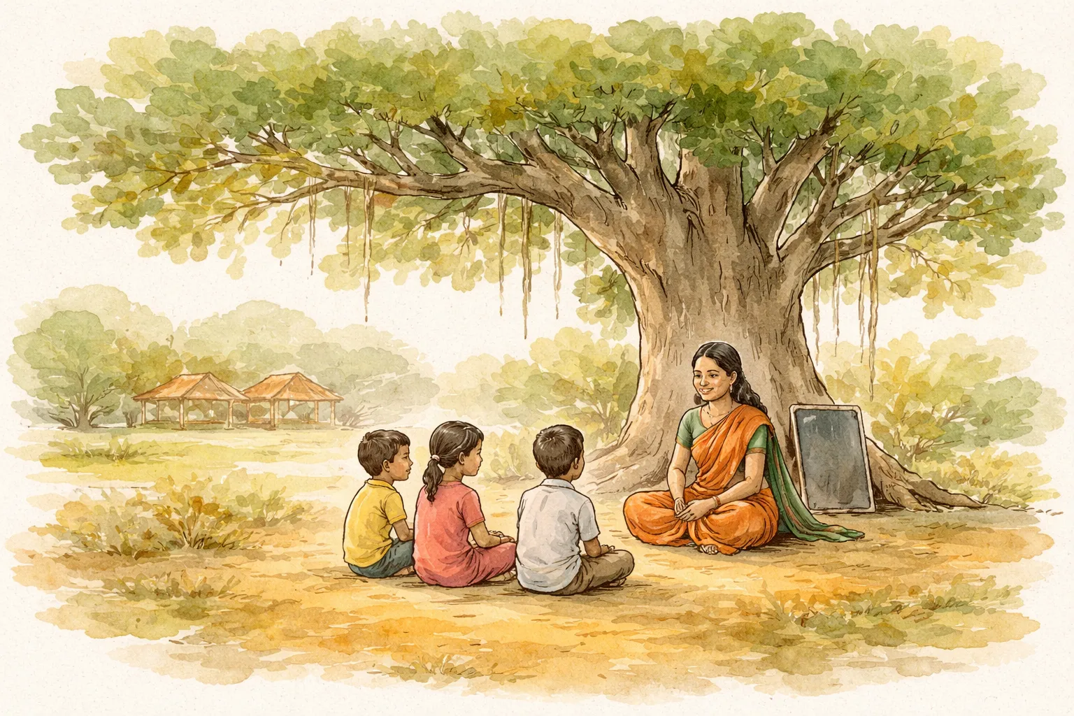 A large banyan tree with books and a slate board beneath it, a place of learning in a rural village
